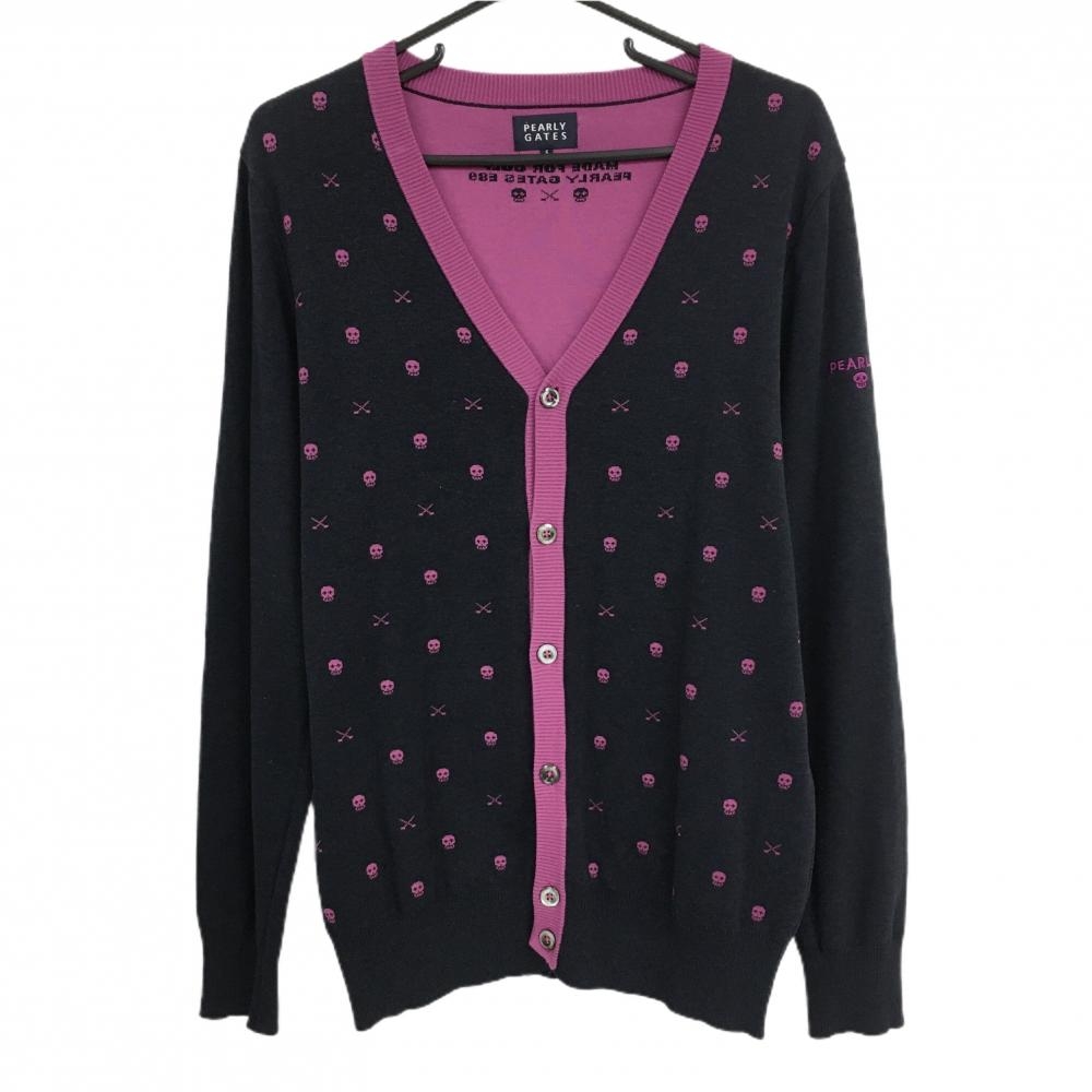【美品】パーリーゲイツ ニットカーディガン ダーックネイビー×ピンク 前身頃スカル総柄   メンズ 5(L) ゴルフウェア PEARLY GATES