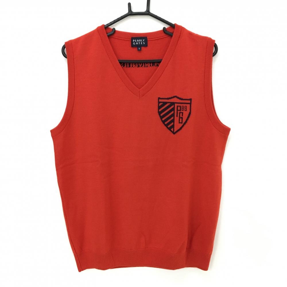 【超美品】パーリーゲイツ ニットベスト オレンジレッド Vネック ウール メンズ 5(L) ゴルフウェア PEARLY GATES