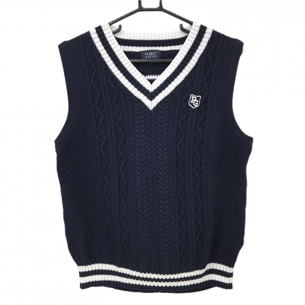 【美品】パーリーゲイツ ニットベスト ネイビー×白 Vネック ケーブル編み メンズ 5(L) ゴルフウェア PEARLY GATES