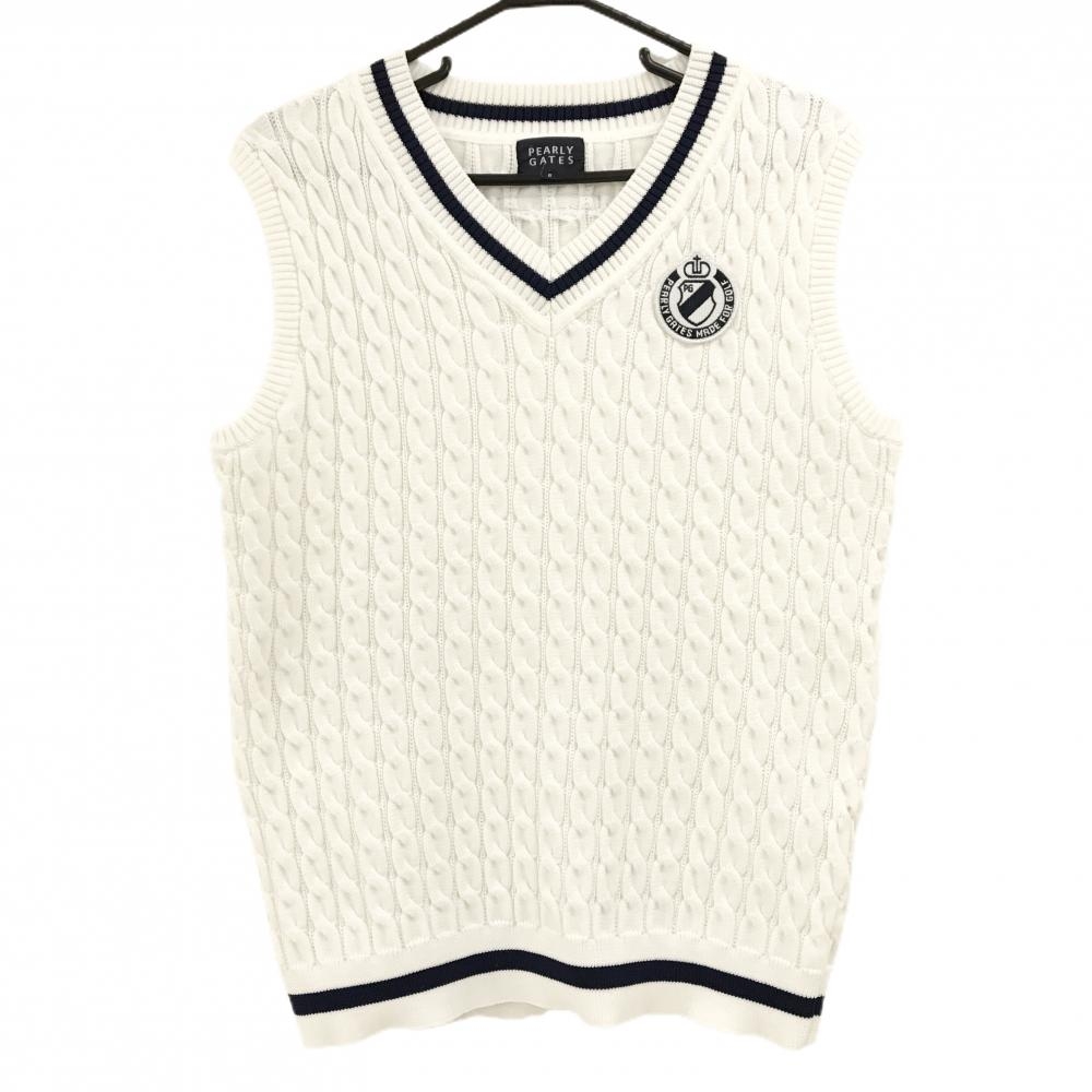 PEARLY GATES ケーブル編み Vネックベスト サイズ5 超美品】パーリーゲイツ ニットベスト ベージュ×ピンク ケーブル編み V