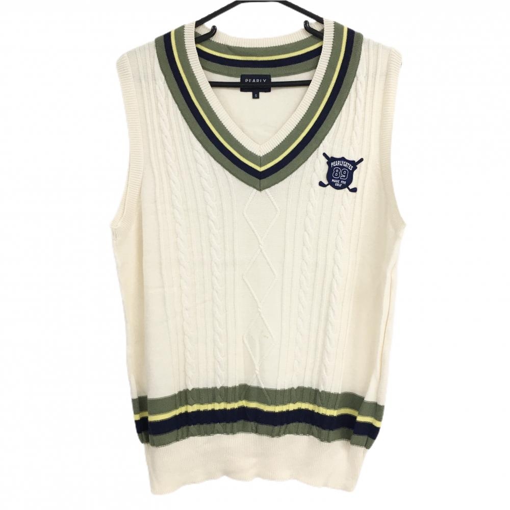 パーリーゲイツ ニットベスト アイボリー×カーキ 前面ケーブル編み
