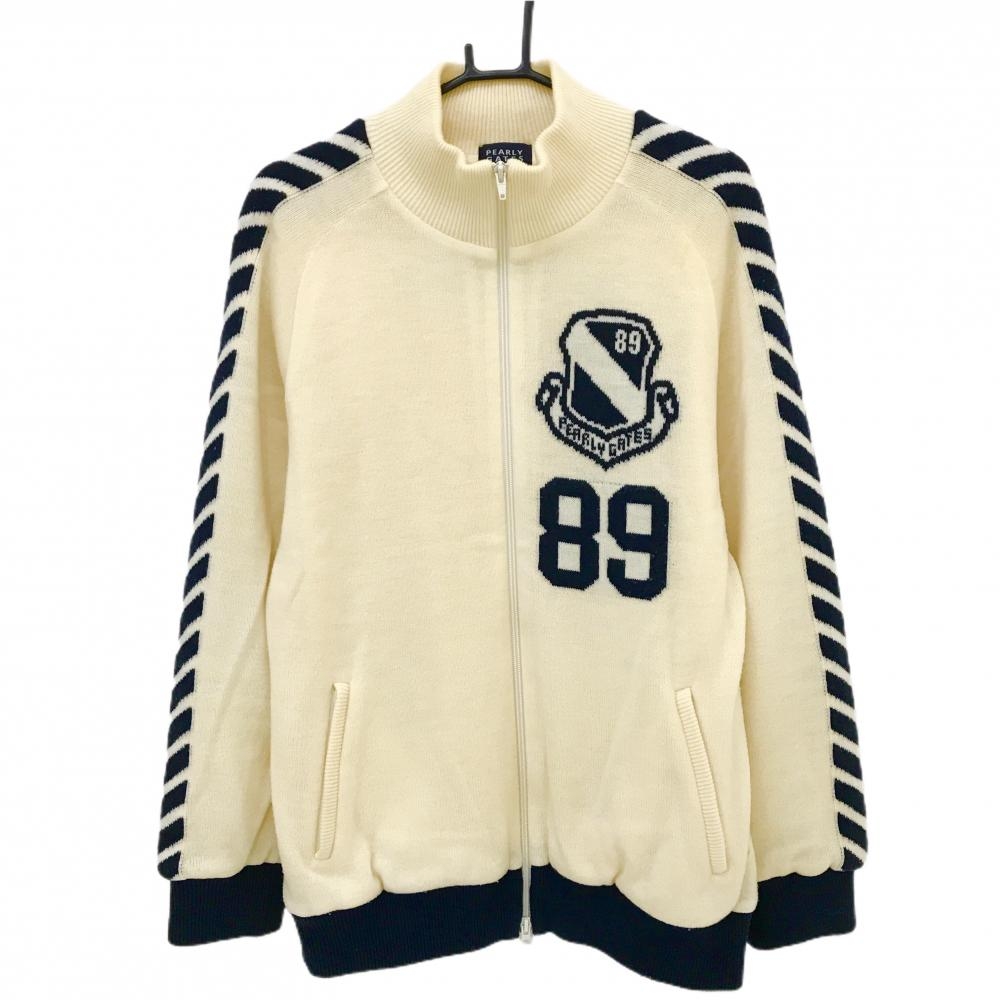 パーリーゲイツ ニットジャケット 白×ネイビー 袖ライン 裏地メッシュ ウール混 メンズ 6(XL) ゴルフウェア PEARLY GATES