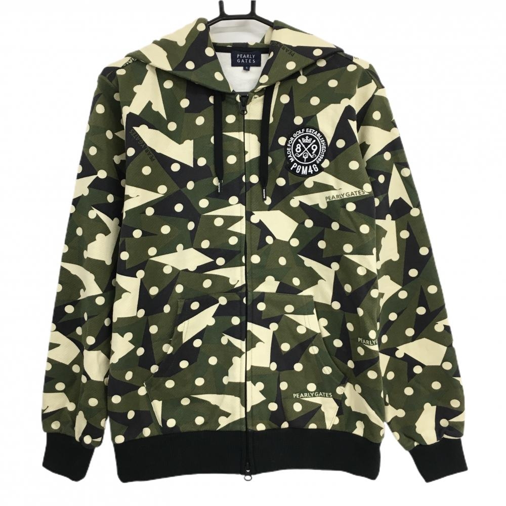 【美品】パーリーゲイツ ジップパーカー カーキ×ベージュ系 総柄 裏起毛 ジャケット メンズ 5(L) ゴルフウェア 2023年モデル PEARLY GATES