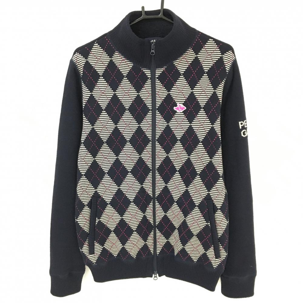 【美品】パーリーゲイツ ニットジャケット ネイビー×ピンク 前身頃アーガイル柄 裏起毛  メンズ 4(M) ゴルフウェア PEARLY GATES