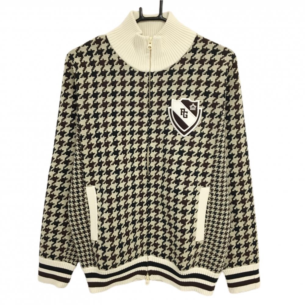 【美品】パーリーゲイツ ニットジャケット ベージュ×黒 千鳥格子 ウール混  メンズ 5(L) ゴルフウェア PEARLY GATES