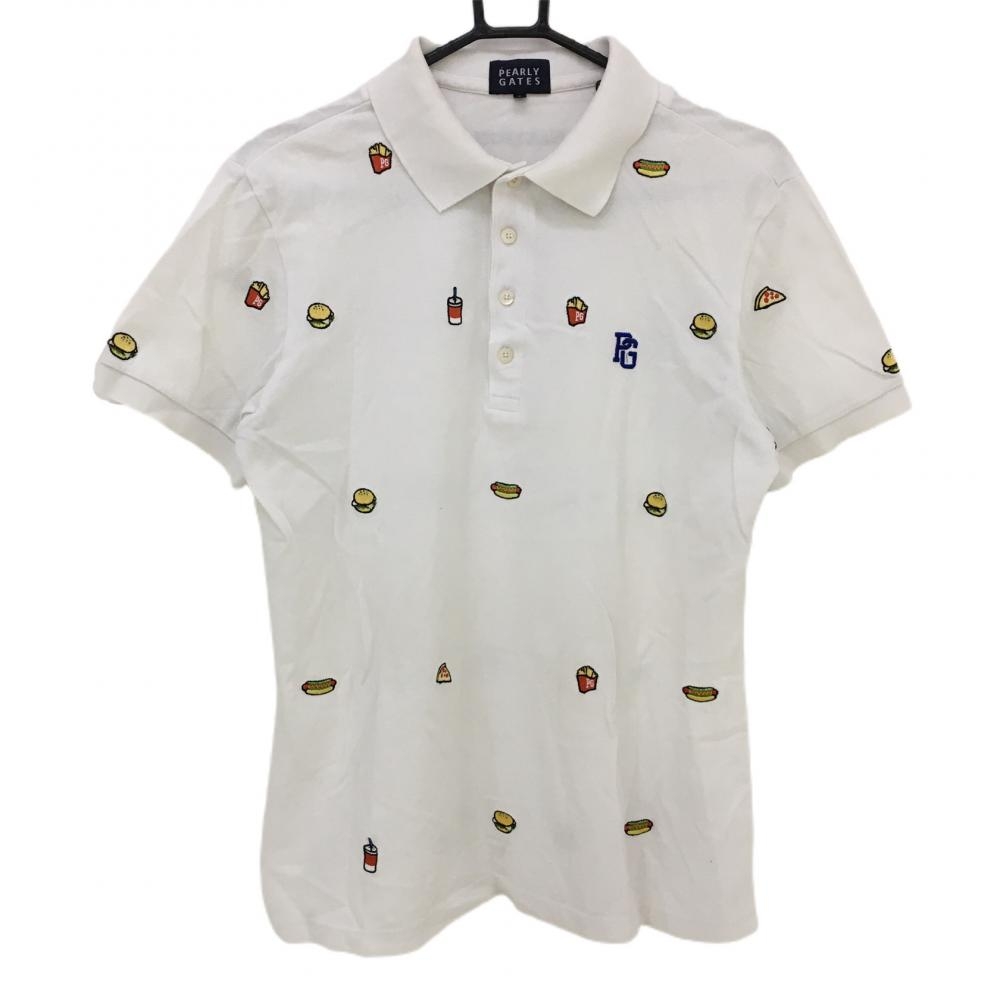 パーリーゲイツ 半袖ポロシャツ 白×マルチ ハンバーガー柄 ポテト柄 刺しゅう コットン100％ メンズ 5(L) ゴルフウェア PEARLY GATES 画像