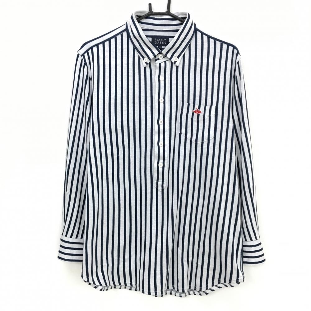 パーリーゲイツ 長袖ポロシャツ 白×ネイビー ストライプ ボタンダウン メンズ 6(XL) ゴルフウェア PEARLY GATES