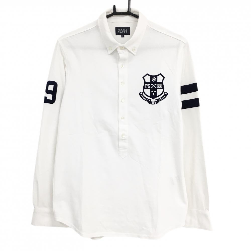 美品】パーリーゲイツ 長袖ポロシャツ 白×ネイビー ボタンダウン 袖2