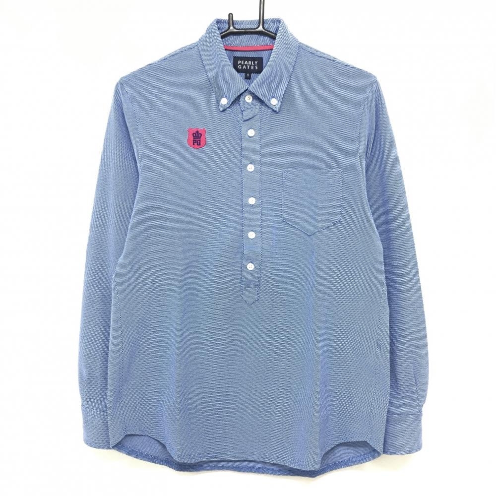 【超美品】パーリーゲイツ 長袖ポロシャツ ブルー×白 織生地 ボタンダウン 胸ポケット メンズ 5(L) ゴルフウェア PEARLY GATES