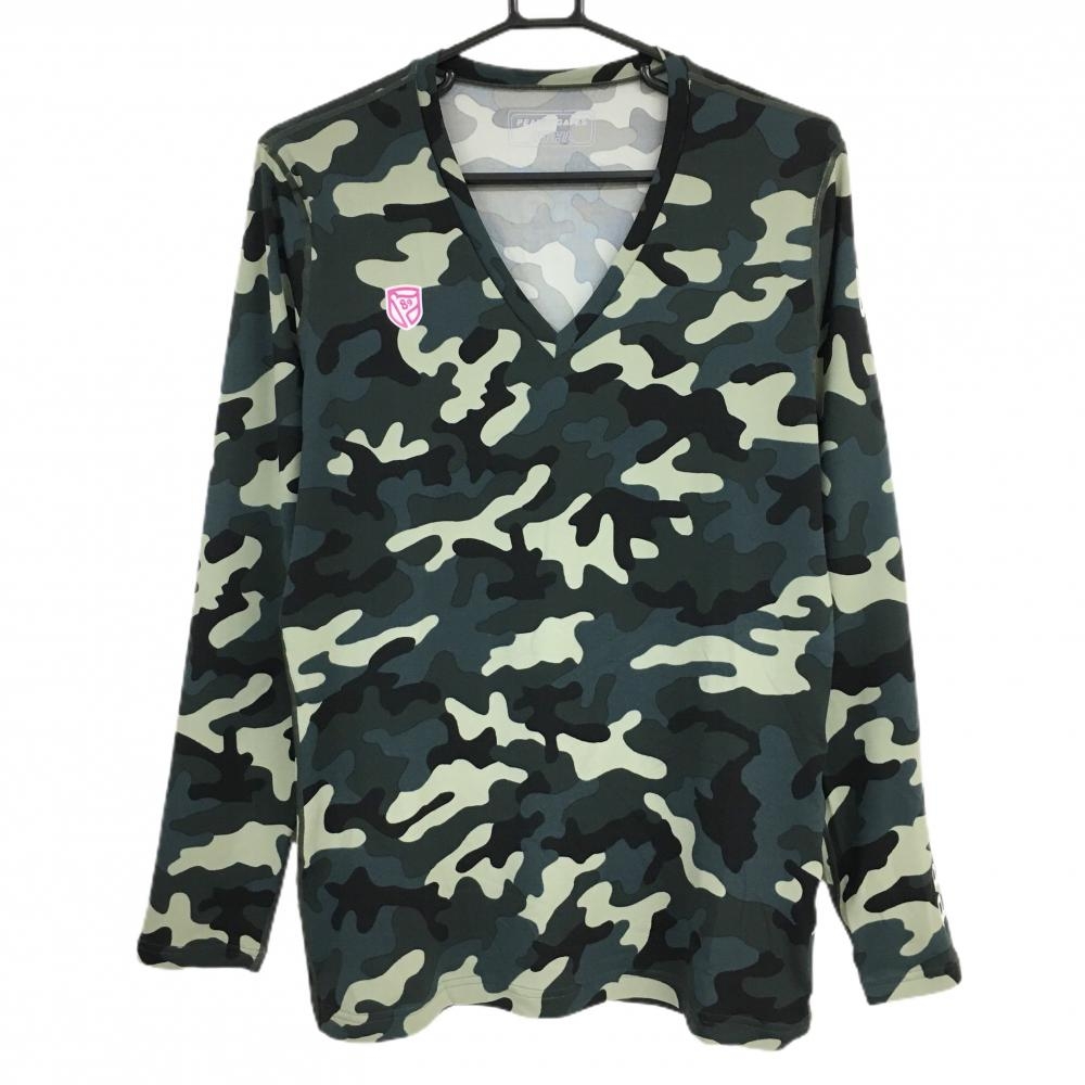 【超美品】パーリーゲイツ インナーシャツ カーキ×黒 Vネック カモフラ 迷彩 メンズ 6(XL) ゴルフウェア PEARLY GATES