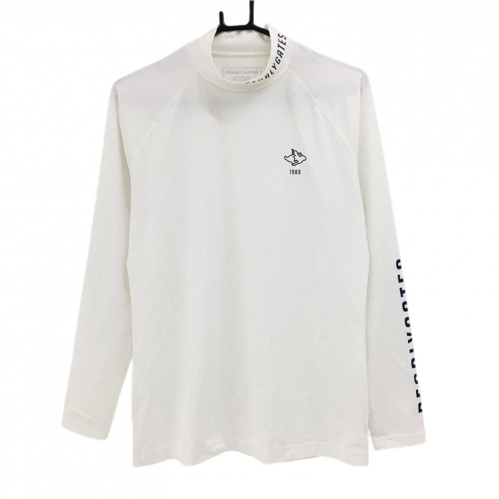 【美品】パーリーゲイツ ハイネックインナーシャツ 白×ネイビー 袖ロゴプリント メンズ 5(L) ゴルフウェア PEARLY GATES