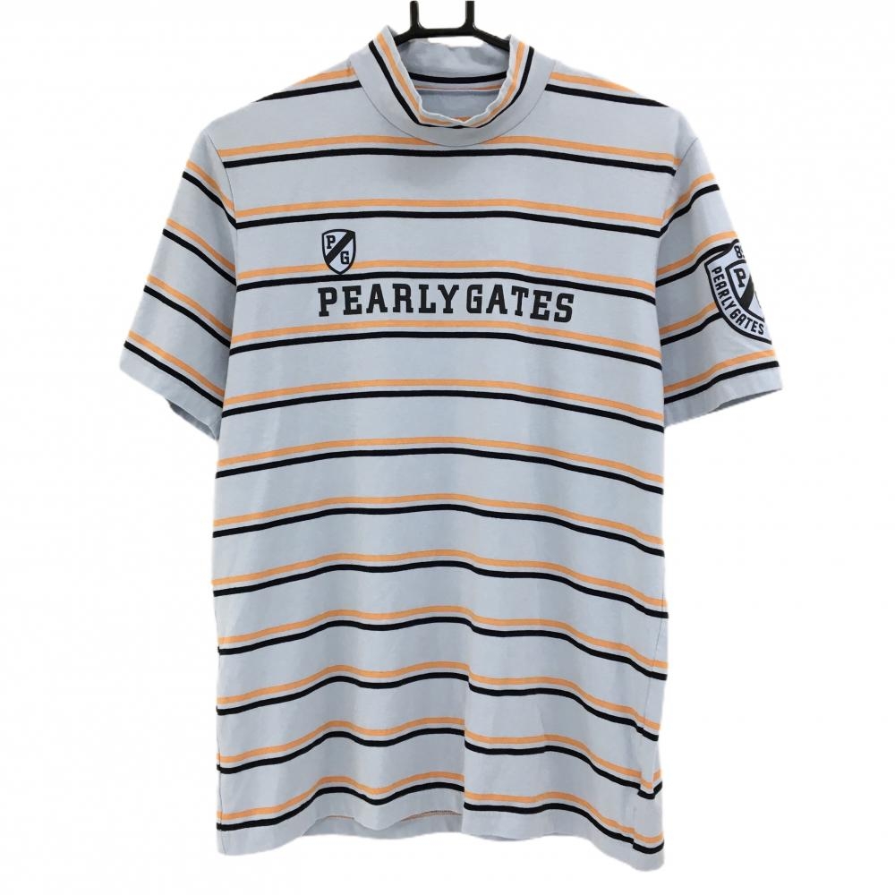 【美品】パーリーゲイツ 半袖ハイネックシャツ ライトブルー×オレンジ×黒 ボーダー  メンズ 6(XL) ゴルフウェア PEARLY GATES