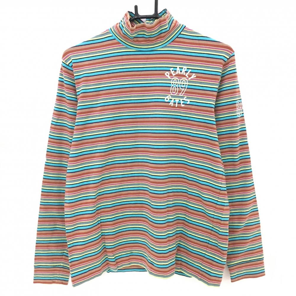 パーリーゲイツ 長袖ハイネックシャツ ブラウン×ライトブルー ボーダー