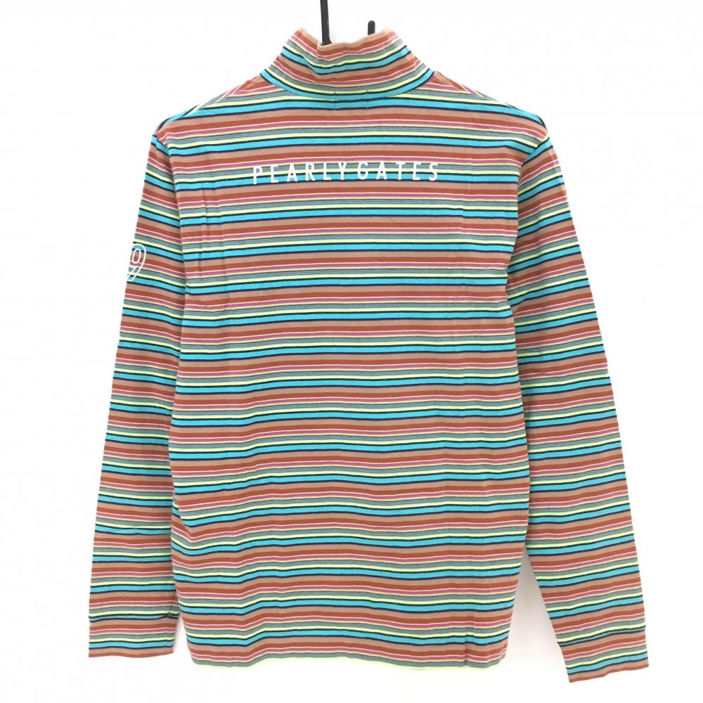 パーリーゲイツ 長袖ハイネックシャツ ブラウン×ライトブルー ボーダー