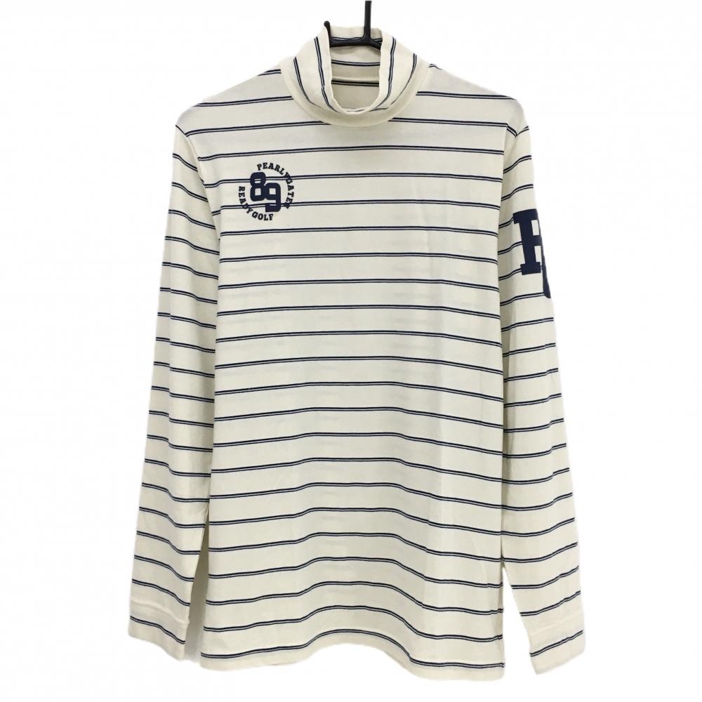 【超美品】パーリーゲイツ 長袖ハイネックシャツ アイボリー×ネイビー ボーダー 微起毛素材 ロゴ メンズ 6(XL) ゴルフウェア PEARLY GATES
