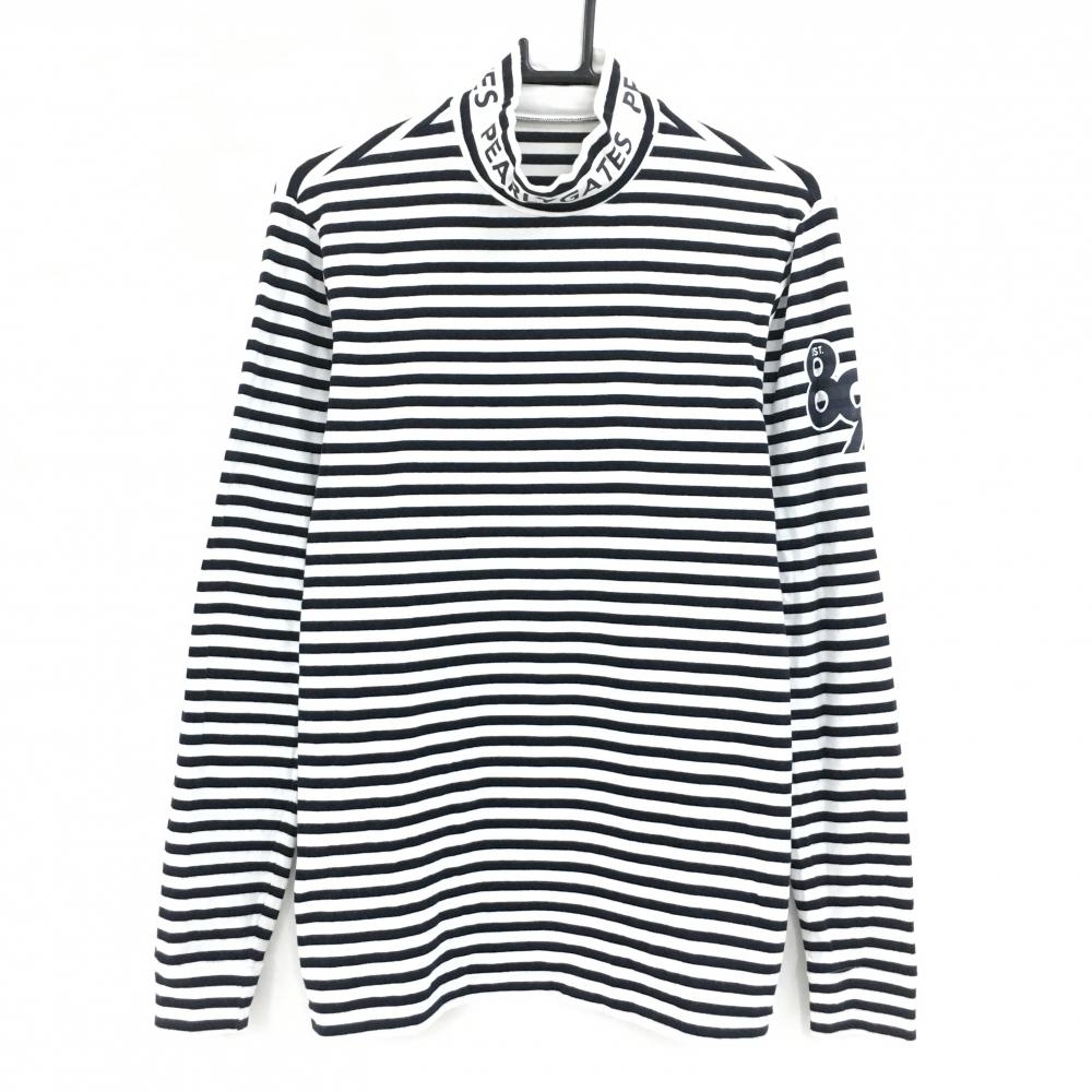 【美品】パーリーゲイツ 長袖ハイネックシャツ 白×ネイビー ボーダー ストレッチ メンズ 5(L) ゴルフウェア PEARLY GATES
