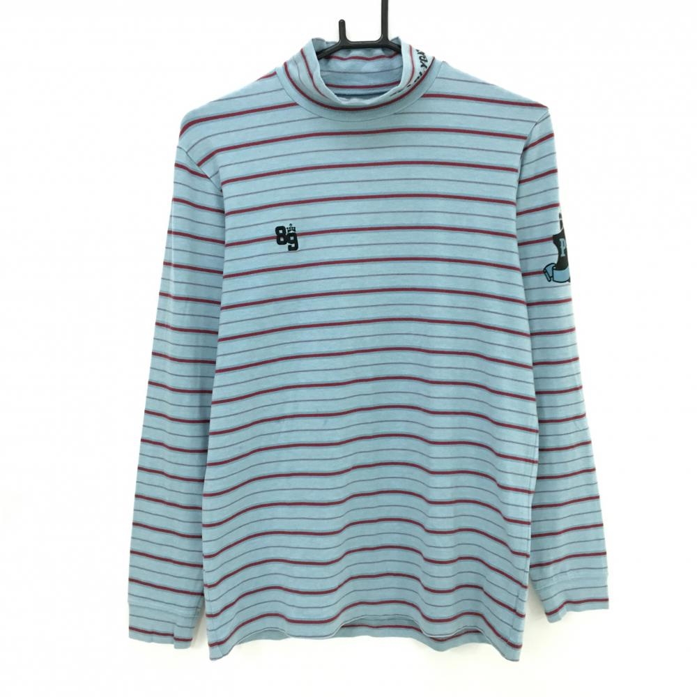 パーリーゲイツ 長袖ハイネックシャツ ライトブルー×レッド ボーダー