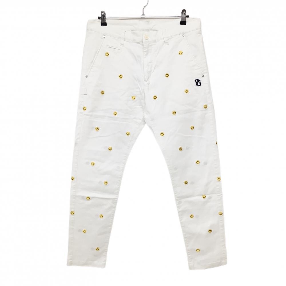 パーリーゲイツ パンツ 白×イエロー ニコちゃん刺しゅう総柄 スマイル