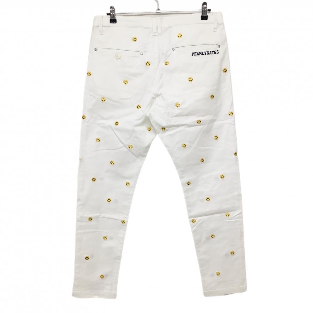 パーリーゲイツ パンツ 白×イエロー ニコちゃん刺しゅう総柄 スマイル