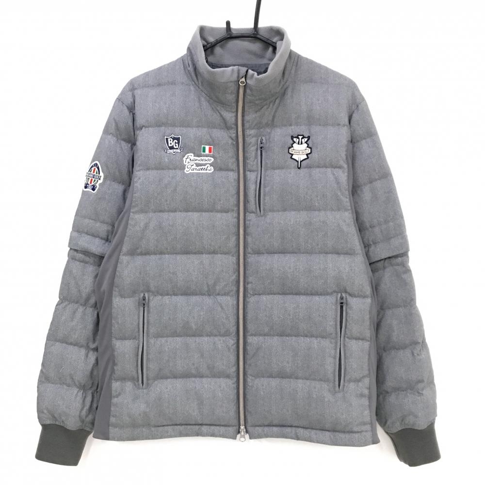 ビームスゴルフ 2WAYダウンジャケット グレー ヘリンボーン地模様 胸元ワッペン 袖着脱可 ダウン80％ メンズ XL ゴルフウェア BEAMS GOLF