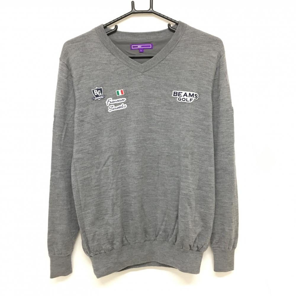【美品】ビームスゴルフ セーター グレー 複数ワッペン 裏地付 ウール100％ ニット メンズ L ゴルフウェア BEAMS GOLF