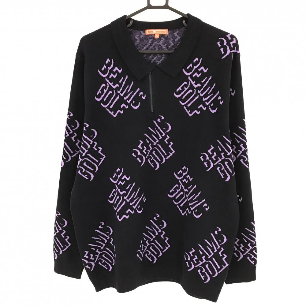 【超美品】ビームスゴルフ 襟付セーター ネイビー×パープル ロゴ総柄 ハーフジップ メンズ XL ゴルフウェア 2023年モデル BEAMS GOLF