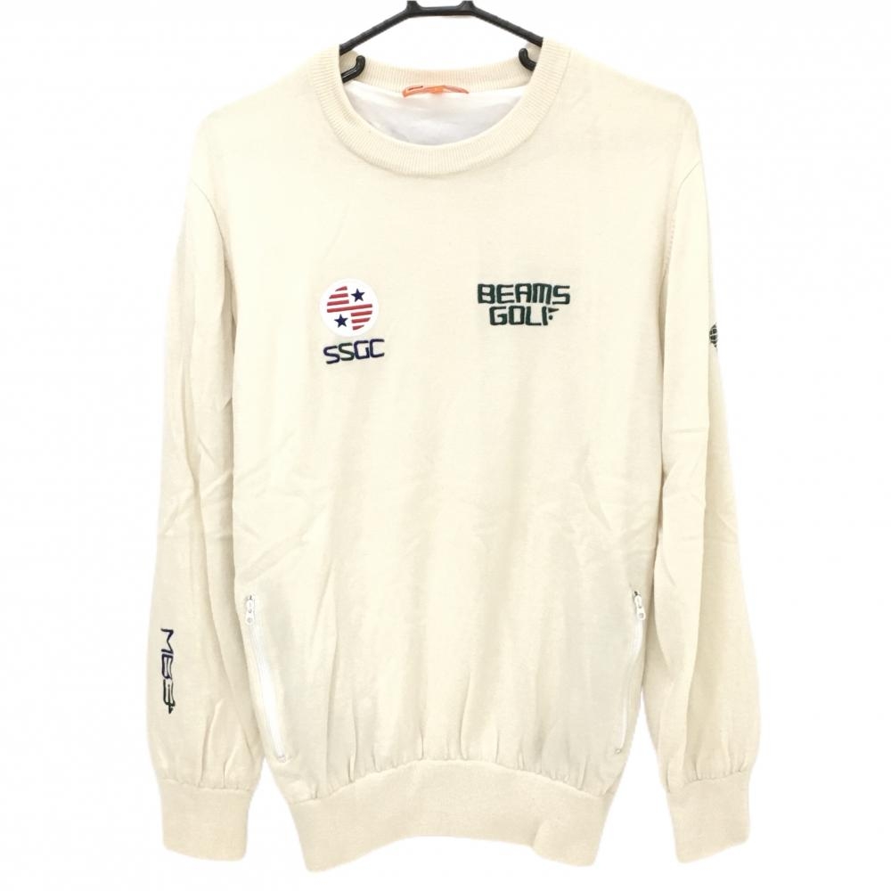 【美品】ビームスゴルフ セーター アイボリー ウール100％ 裏地付 ポケット内蓄熱裏地 ニット メンズ L ゴルフウェア BEAMS GOLF