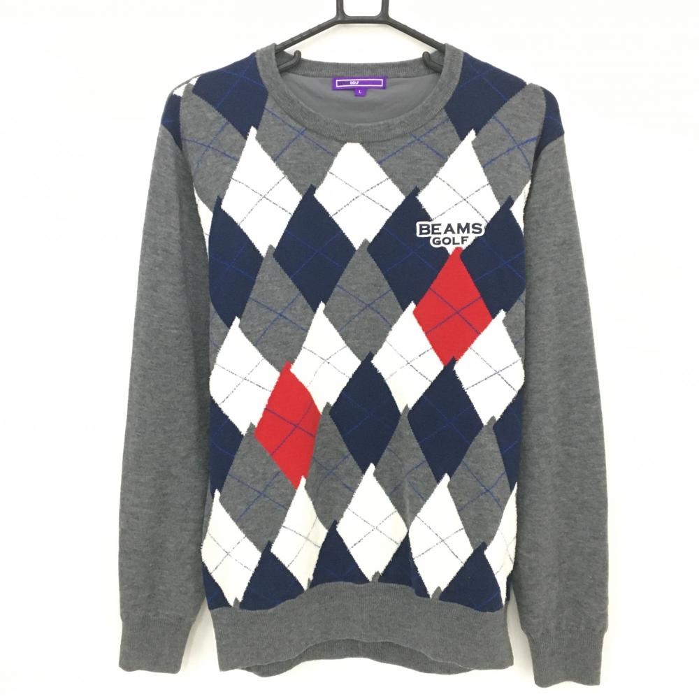 ビームスゴルフ セーター グレー×ネイビー 前面アーガイル 裏地付 ウール混 ニット  メンズ L ゴルフウェア BEAMS GOLF