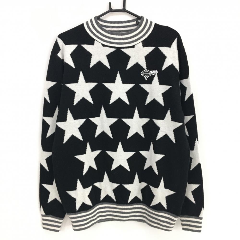 【美品】ビームスゴルフ セーター 黒×白 星総柄 ワッペン ウール混 メンズ L ゴルフウェア BEAMS GOLF