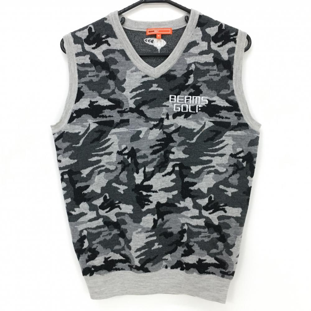 【美品】ビームスゴルフ ニットベスト グレー 迷彩柄 カモフラ ウール100％ メンズ M ゴルフウェア BEAMS GOLF