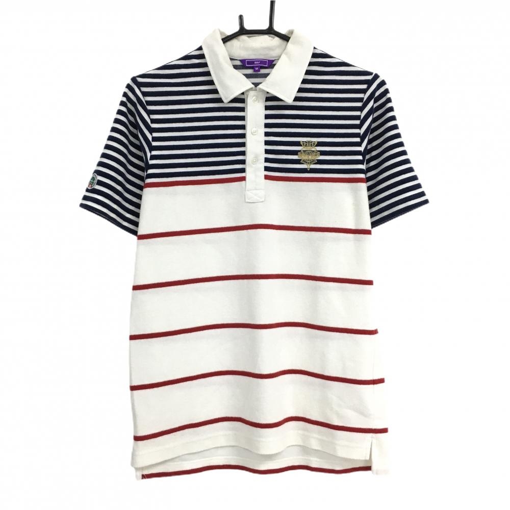 ビームスゴルフ 半袖ポロシャツ 白×ネイビー×レッド ボーダー パイル地 メンズ M ゴルフウェア BEAMS GOLF