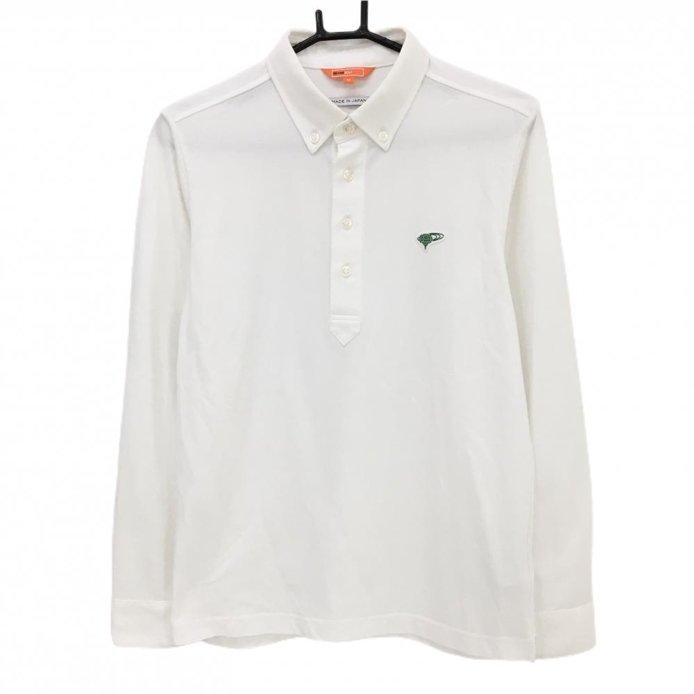 ビームスゴルフ 長袖ポロシャツ 白×グリーン ロゴ刺しゅう ボタンダウン  メンズ M ゴルフウェア BEAMS GOLF
