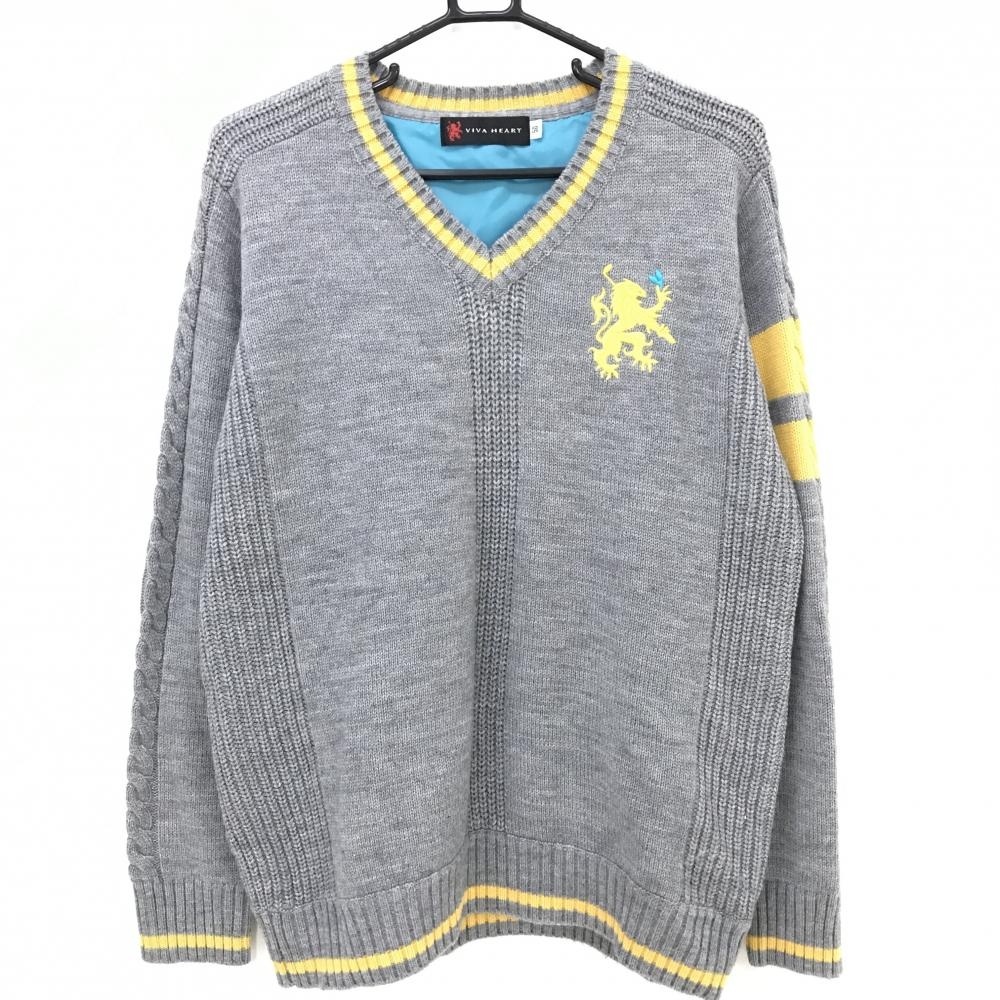 【美品】ビバハート セーター グレー×イエロー Vネック ロゴ刺しゅう 背面裏地付き ウール混  メンズ 50(L) ゴルフウェア VIVA HEART