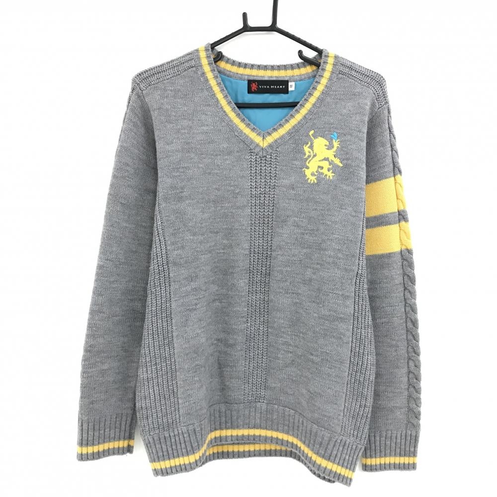 【美品】ビバハート セーター グレー×イエロー Vネック 後身頃裏地 メンズ 48(M) ゴルフウェア VIVA HEART