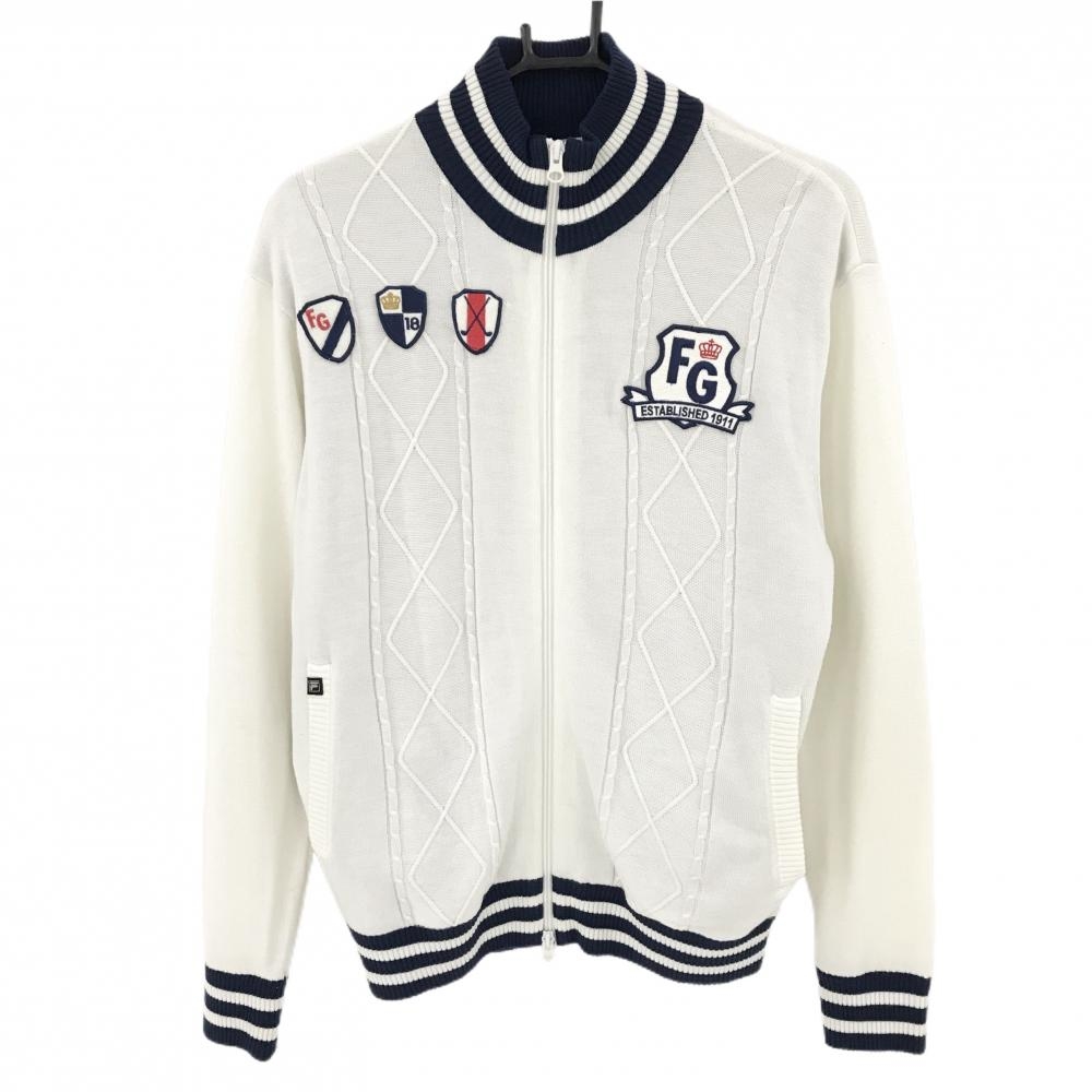 【美品】フィラゴルフ ニットジャケット 白×ネイビー 複数ワッペン 裏地付 メンズ M ゴルフウェア FILA GOLF