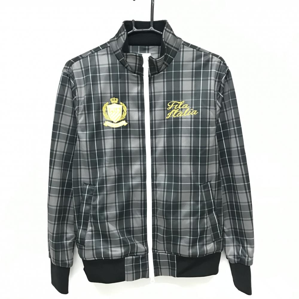 【美品】フィラゴルフ ジャケット グレー×黒 チェック 裏起毛 ロゴ刺しゅう ブルゾン メンズ M ゴルフウェア FILA GOLF