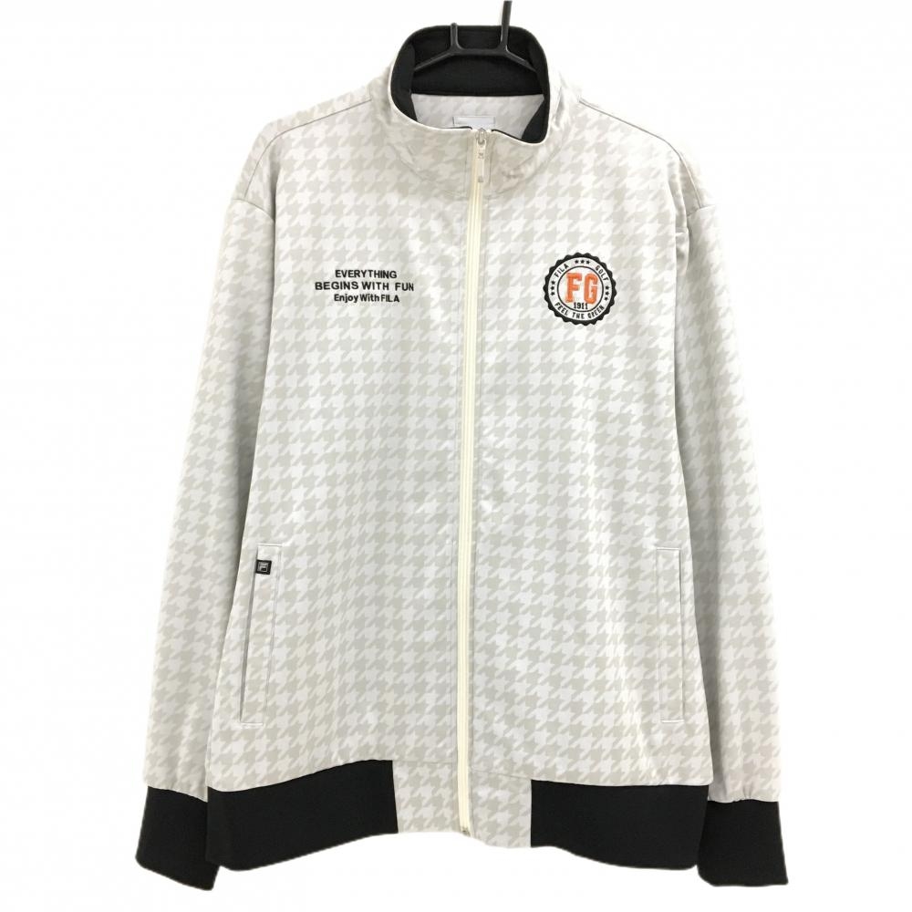 【美品】フィラゴルフ ジャケット 白×ベージュ 千鳥格子 裏微起毛 ロゴ刺しゅう メンズ 3L ゴルフウェア 大きいサイズ FILA GOLF
