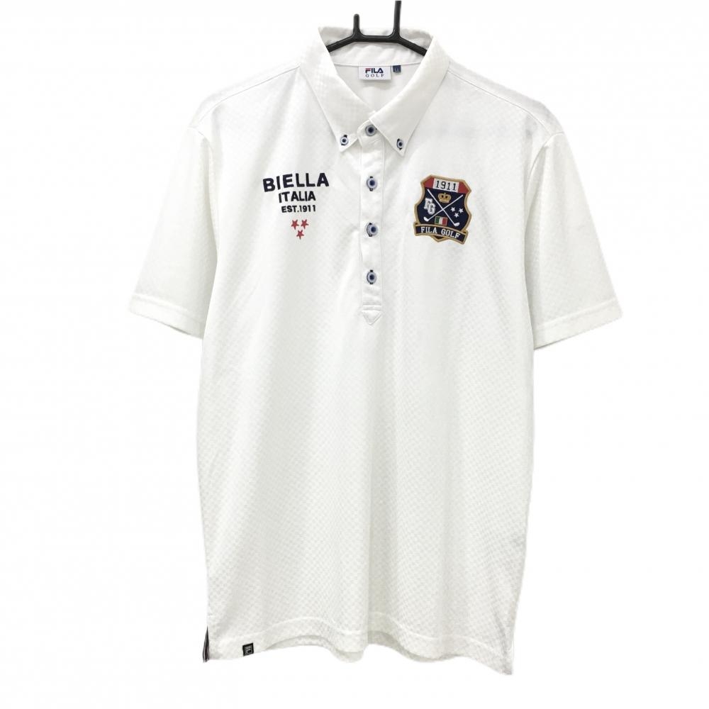 【美品】フィラゴルフ 半袖ポロシャツ 白×ネイビー ブロックチェック地模様 胸元ロゴ メンズ LL ゴルフウェア FILA GOLF