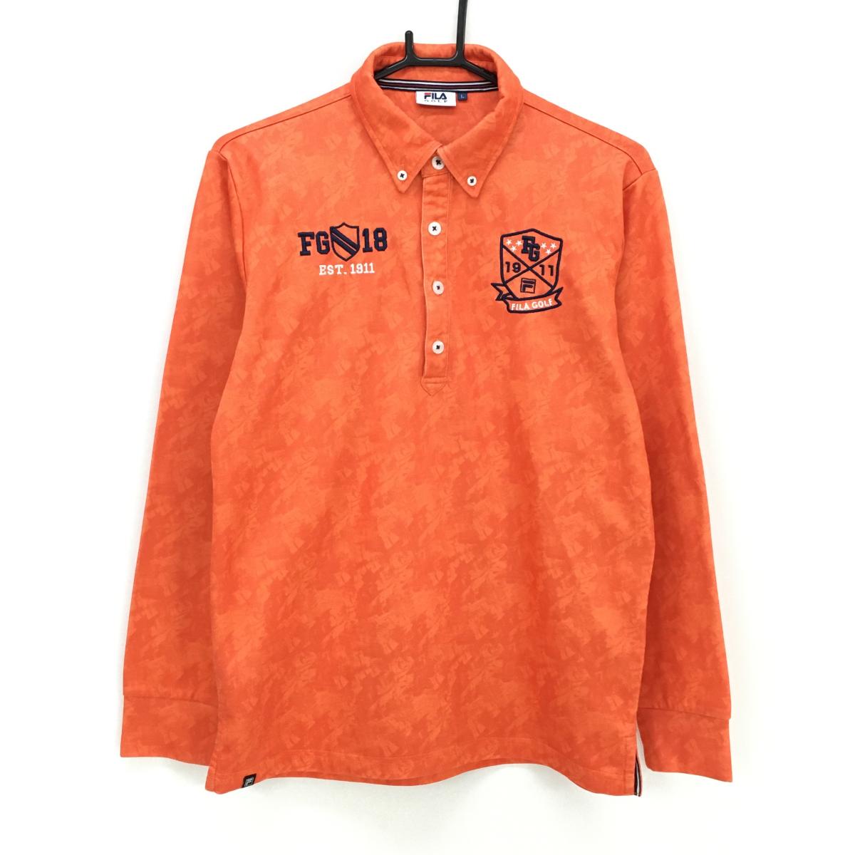 フィラゴルフ 長袖ポロシャツ オレンジ系 総柄地模様 ロゴネイビー 裏起毛　ボタンダウン メンズ L ゴルフウェア FILA GOLF