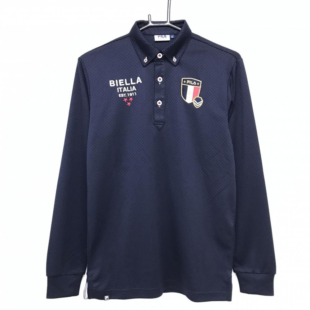 【超美品】フィラゴルフ 長袖ポロシャツ ネイビー×黒 ブロックチェック ロゴ刺しゅう メンズ S ゴルフウェア FILA GOLF