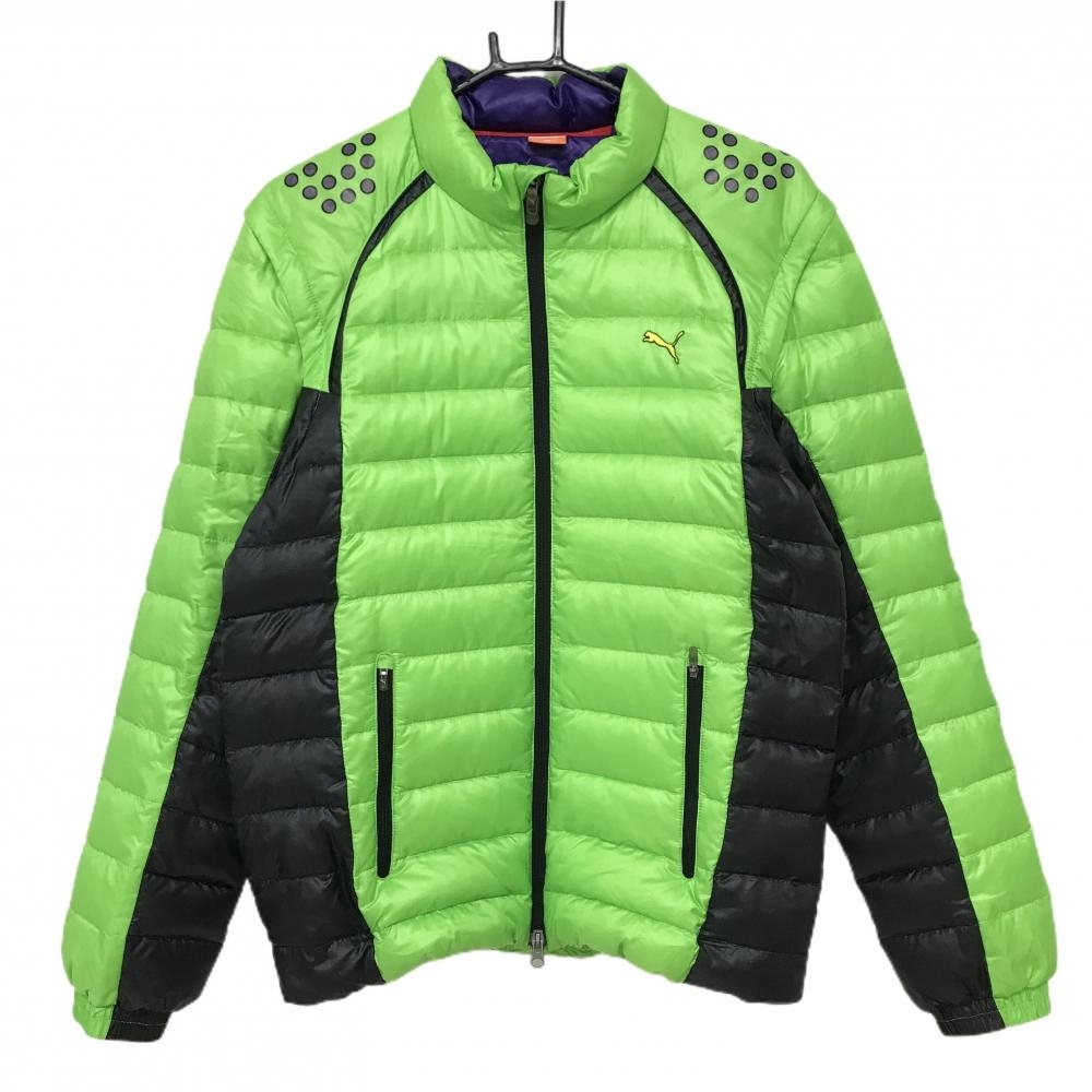 プーマ 2WAYダウンジャケット ライトグリーン×黒 肩ロゴ 袖着脱可 メンズ L ゴルフウェア PUMA