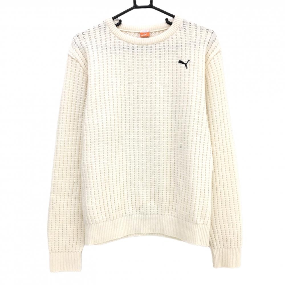 【美品】プーマ セーター アイボリー×白 凹凸編み ニット ウール混 後ろ袖異素材 メンズ L ゴルフウェア PUMA