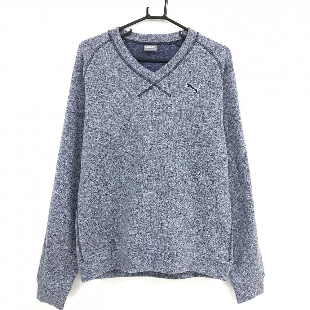 【美品】プーマ セーター 杢ネイビー ニット 裏起毛 Vネック メンズ XL ゴルフウェア PUMA