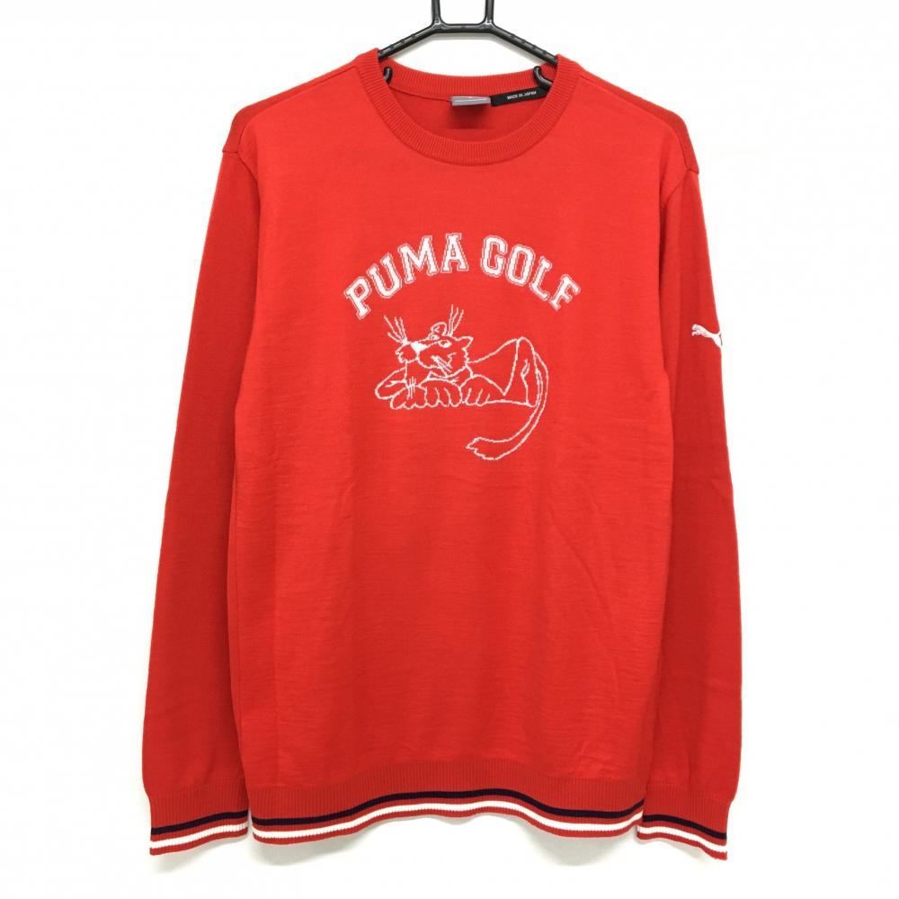 【超美品】プーマ セーター レッド×白 フロントロゴ 袖口・裾ライン ニット ウール混 メンズ XL ゴルフウェア PUMA