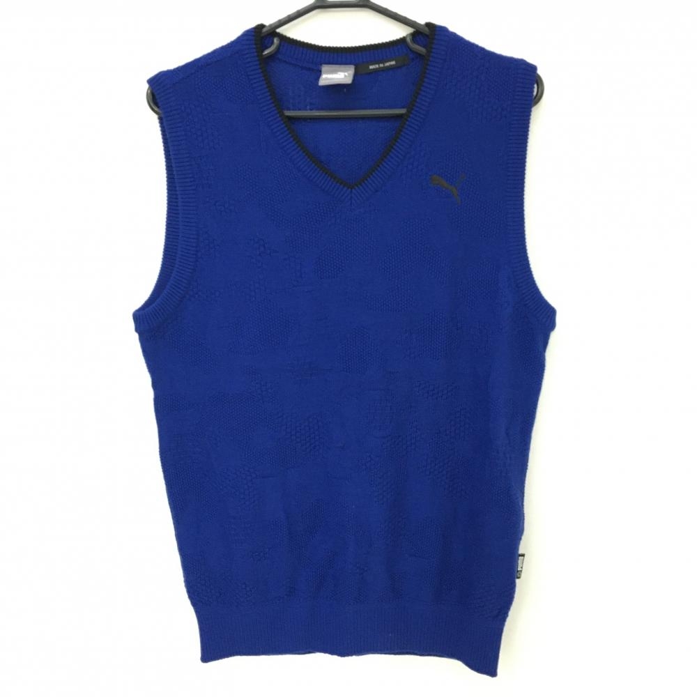 【超美品】プーマ ニットベスト ブルー×黒 Vネック ロゴ刺しゅう メンズ XL ゴルフウェア PUMA