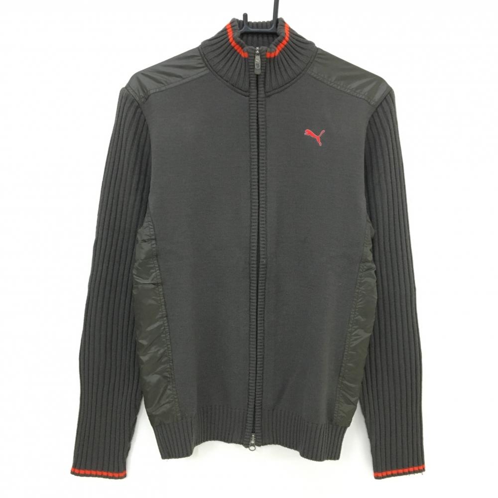 【美品】プーマ ニットジャケット ダークブラウン系×レッドオレンジ ウール混 異素材 メンズ L ゴルフウェア PUMA