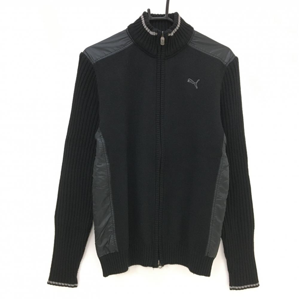 【美品】プーマ ニットジャケット 黒×グレー ウール混 異素材 メンズ L ゴルフウェア PUMA