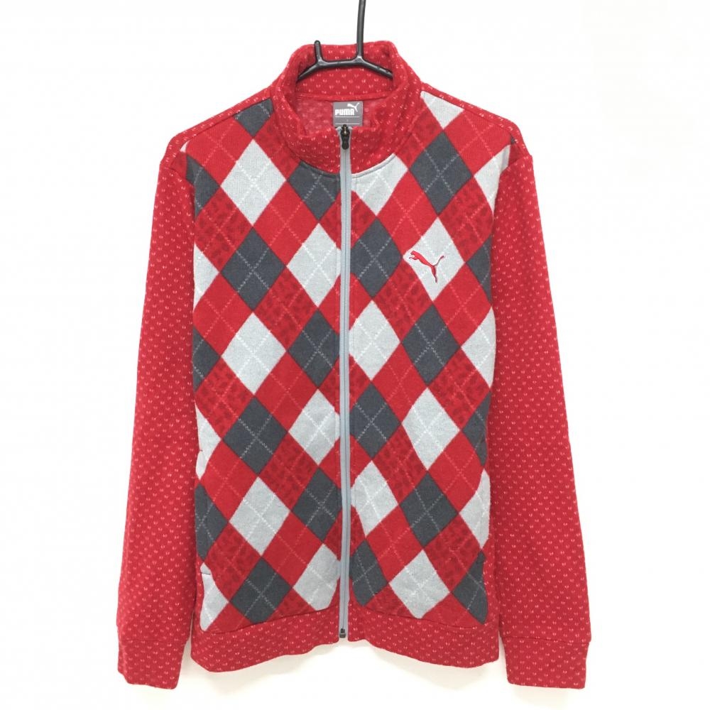 プーマ ニットジャケット レッド×グレー 前身頃アーガイル柄 メンズ L ゴルフウェア PUMA