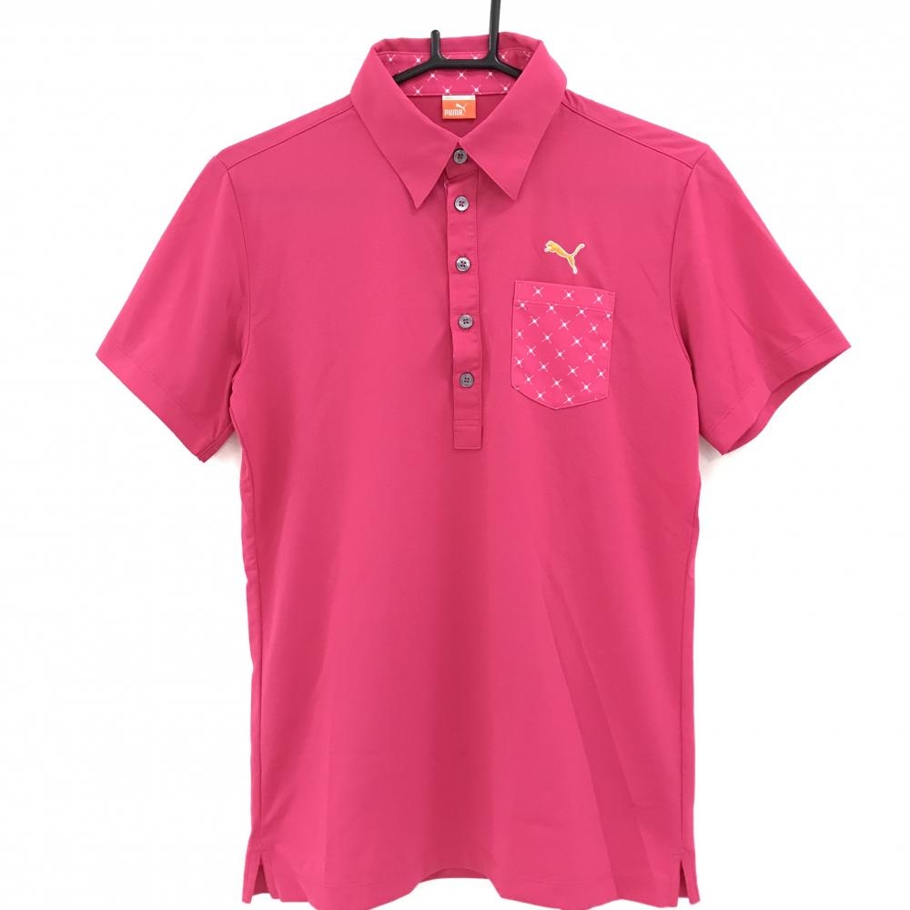 【超美品】プーマ 半袖ポロシャツ ピンク×白 胸ポケット ロゴ刺しゅう メンズ M ゴルフウェア PUMA