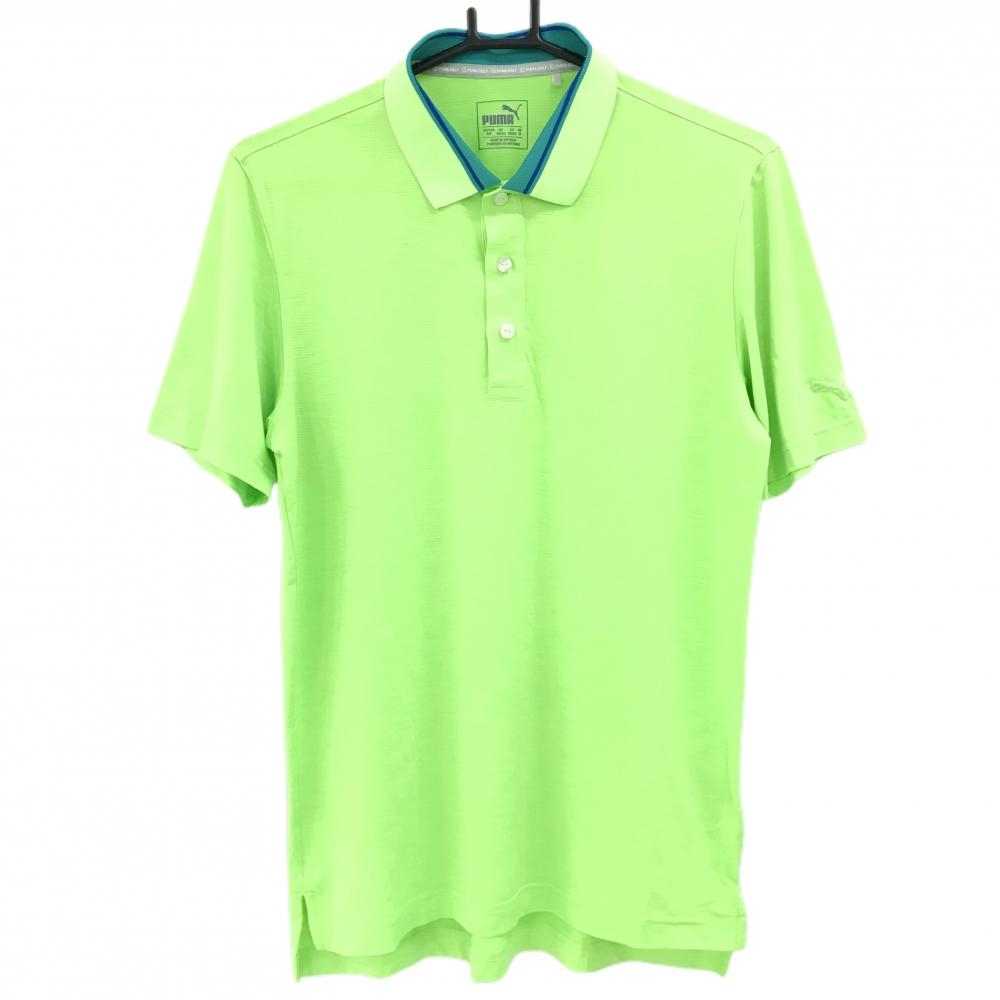【美品】プーマ 半袖ポロシャツ ライトグリーン×ブルーグリーン 袖ロゴ ストレッチ メンズ US-S/P ゴルフウェア PUMA